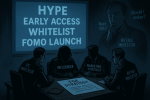 VC fondovi i influenceri planiraju FOMO strategiju za kripto projekt dok retail promatra sa strane.