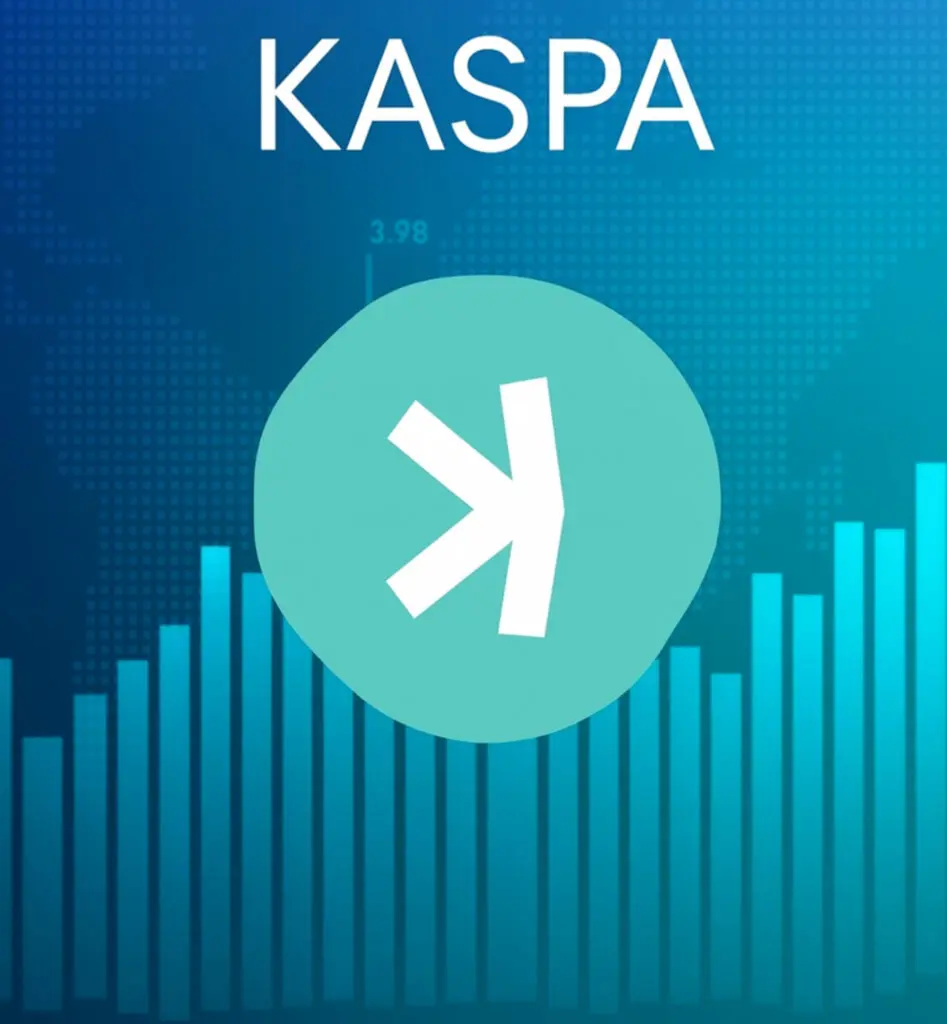 KASPA logo na plavom kripto grafikonu, sa strelicom i brojem 3.98.Matematika