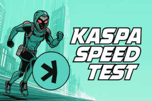 Kaspa Speed Test: Futuristički trkač u tirkiznom odijelu s logotipom brzine.