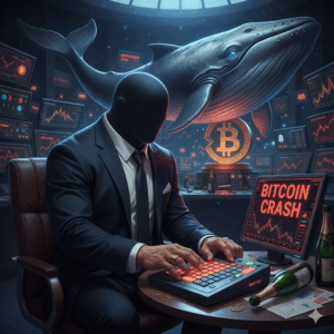 Maskirani kripto kit trgovac prati Bitcoin pad na zaslonima.