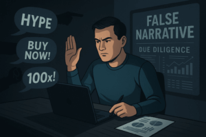 Investitor odlučno odbija kripto FOMO poruke dok analizira podatke ispred ekrana s natpisom "False Narrative – Due Diligence".