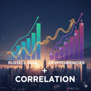 Učinak Russell 2000 i kriptovaluta: korelacijski grafovi iznad siluete grada.