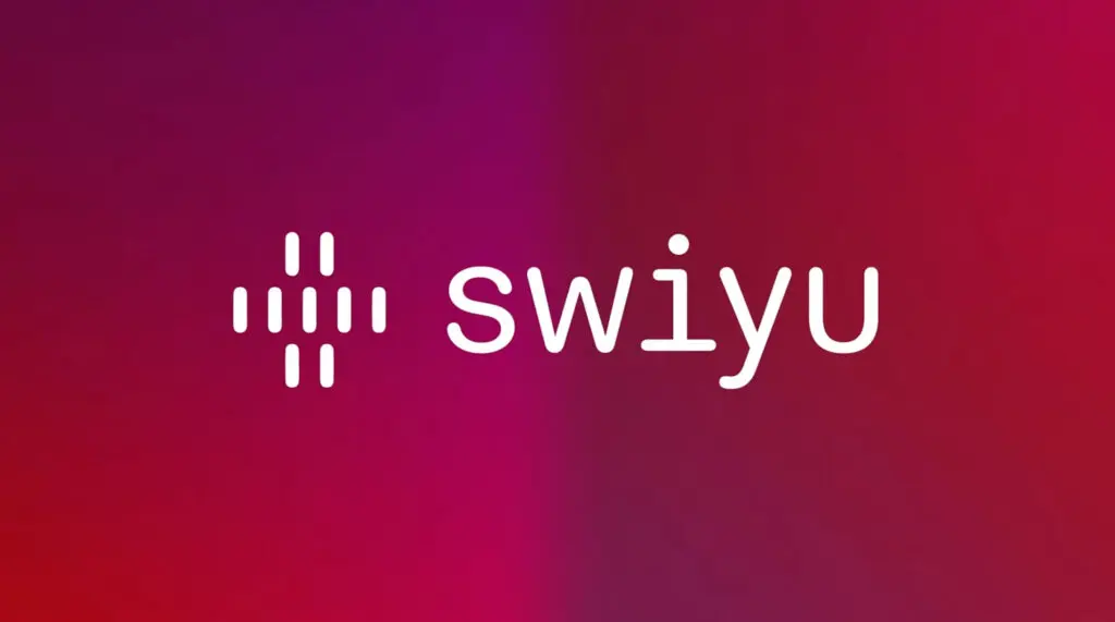Bijeli Swiyu logo s linijama na vibrantnoj magenta-ružičastoj gradijent pozadini.