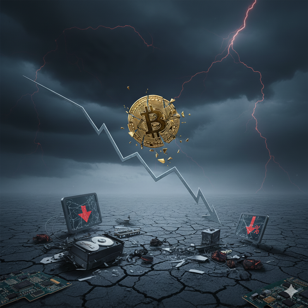 Razbijeni Bitcoin, pad kripto tržišta, tehnološki kolaps i crvena munja.okolnosti pada