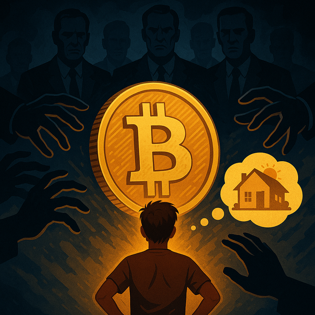 Institucije i fondovi bore se za dominaciju nad Bitcoinom dok mali ulagač sanja slobodu – ilustracija sukoba vlasništva i ideala decentralizacije.Bitcoin u idućih pet godina