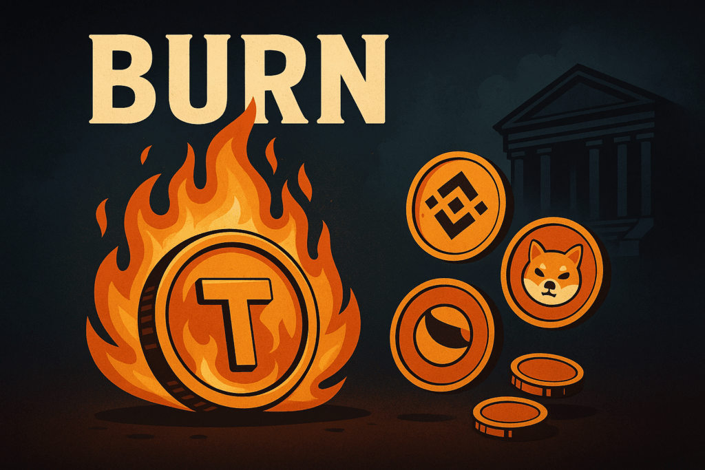 Ilustracija spaljivanja tokena s prikazom BNB, SHIB i LUNC kovanica u vatri kao simbol deflacije i smanjenja ponude.token burn