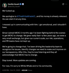 Tweet Cecilije Hsueh: Isprika MEXC-a za probleme i transparentnost.