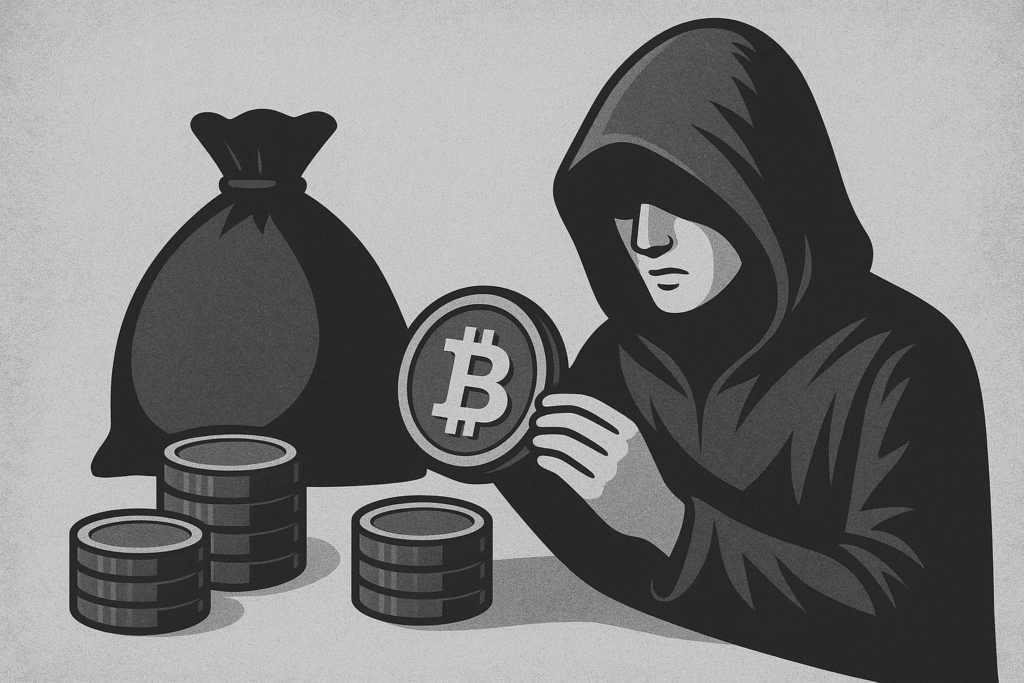 Tajanstveni zbiratelj bitcoina pregledava kriptovalute i gomile novčića.