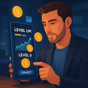 Ilustracija prikazuje investitora koji igra igricu s novčanim simbolima, metaforu igrifikacije ulaganja.