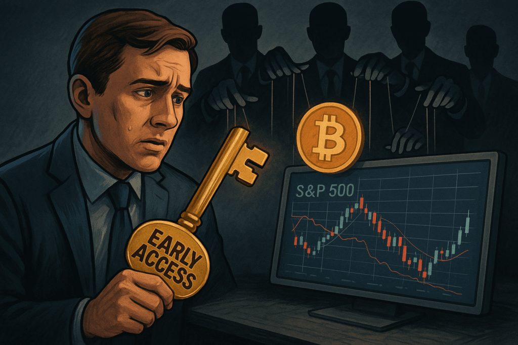 Institucije i fond menadžeri povlače konce nad kripto tržištem dok mali investitor gleda graf – simbol nevidljivog rata za likvidnost.