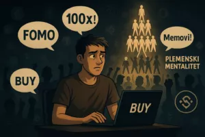 Mladi investitor sjedi za laptopom okružen FOMO porukama, dok u pozadini kripto zajednica nesvjesno održava ponzi dinamiku kroz memove, tribalizam i hype.