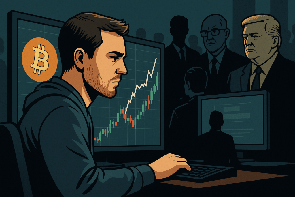 Obični investitor promatra graf Bitcoina dok institucije i fondovi pomiču tržište – priča o tome kako ljudi postaju milijunaši s kriptom.