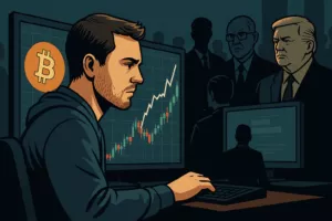 Obični investitor promatra graf Bitcoina dok institucije i fondovi pomiču tržište – priča o tome kako ljudi postaju milijunaši s kriptom.