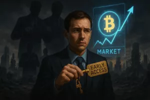 Investitor drži zlatni ključ s natpisom “EARLY ACCESS”, dok iza njega sjene fond menadžera povlače konce nad tržištem Bitcoina – simbol mita o ranim ulagačima u kriptu.