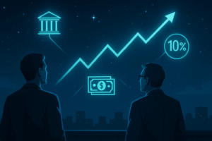 Investitor noću promatra nebo iscrtano svjetlosnim simbolima koji prikazuju povezanost Fedove bilance, prinosa, dolara i Treasury emisija.