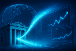 Graf Fedove bilance prikazan kao svjetlosna linija koja simbolizira rast likvidnosti u globalnom financijskom sustavu.