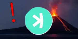 Noćna vulkanska erupcija s lavom, upozorenjem i strelicom.