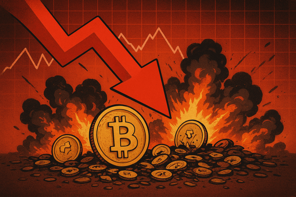 Bitcoin kriptovaluta pad: gorući novčići u plamenu i dimu.Novi val likvidacije