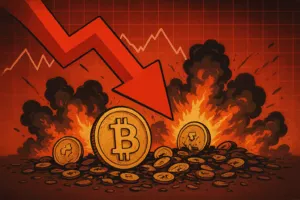 Bitcoin kriptovaluta pad: gorući novčići u plamenu i dimu.