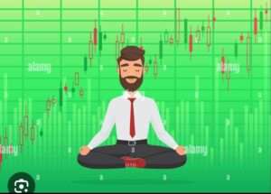 Čovjek meditira između grafikona dionica, simbolizirajući mir i fokus u financijama.