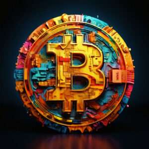 Stilizirani zlatni Bitcoin simbol s digitalnim motivima, ističe inovativnu prirodu kriptovaluta.