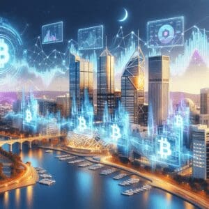 Futuristički grad s Bitcoin simbolima, tehnološkom integracijom, financijskom aktivnošću i inovacijama.