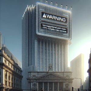 Futuristički grad s upozorenjem na ilegalne kripto usluge na digitalnom plakatnom oglasu.