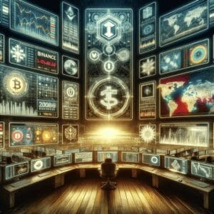 Futuristički financijski centar s kriptovalutama, analizom tržišta i visokotehnološkim rješenjima.