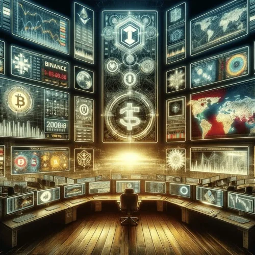 Futuristički financijski centar s kriptovalutama, analizom tržišta i visokotehnološkim rješenjima.