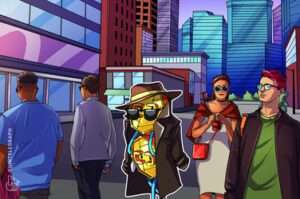 Vibrant urbani prizor sa modernim zgradama, humorističnim likovima i stilskom modom.