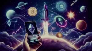 Ethereum smartphone and rocket symbolize cryptocurrencys cosmic potential and financial evolution.