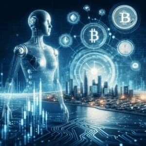 Futuristički robot u digitalnom gradu simbolizira integraciju tehnologije i kriptovaluta u financijama.