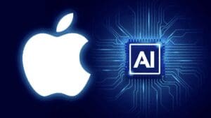 Apple logo i mikroprocesor AI simboliziraju inovacije u tehnologiji i umjetnoj inteligenciji.