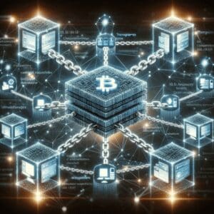 Konceptualna ilustracija blockchain mreže s Bitcoin-om kao središtem tehnologije.