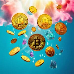 Zlatne Bitcoin kovanice i šareni dragulji u nebu, simbol bogatstva i inovacija.