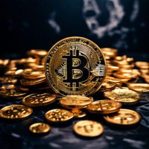 Bitcoin simbolizira digitalno bogatstvo uz sjajnu kovanicu okruženu ostalim kriptovalutama.