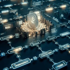 Futuristički prikaz blockchain tehnologije s kriptovalutom i umreženim čvorovima sigurnih transakcija.