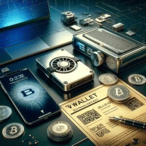 Futuristički uređaji za kriptovalute: pametni telefon, hardverski novčanik i metalni novčići.