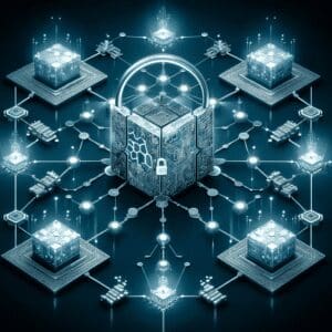 Siguran digitalni mrežni sustav s ključem, blokovima i vezama u futurističkom dizajnu.