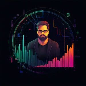 Analitičar u futurističkom okruženju, okružen živopisnim grafikonima i digitalnim simbolima.