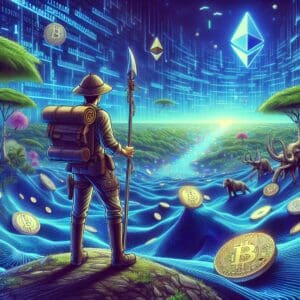 Istraživač u futurističkom krajoliku kriptovaluta, gdje priroda i tehnologija skladno koegzistiraju.