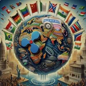 Globus kriptovaluta s logotipom Ripple i zastavama, simbolizira globalnu ekonomsku povezanost.