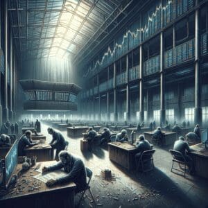 Intenzivna atmosfera financijskog rada u mračnoj dvorani s umornim radnicima.
