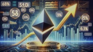 Trojdimenzionalni Ethereum logo s grafovima i simbolom rasta u svijetu kriptovaluta.