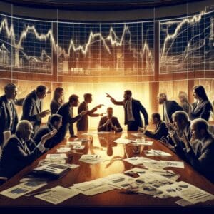 Strastvena rasprava o financijskim strategijama u dimnoj konferencijskoj sobi sa stručnjacima.