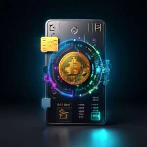 Futuristički novčanik za Bitcoin s interaktivnim sučeljem i neonskim grafičkim elementima.