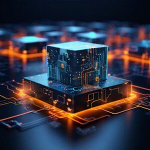 Futuristička kocka s luminiscenentnim krugovima u naprednom tehnološkom okruženju povezivanja.