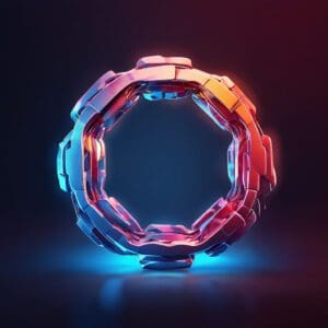 Futuristička geometrijska skulptura s reflektirajućim materijalima i dinamičnim bojama.