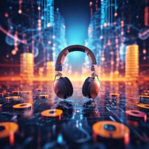 Slušalice na elektroničkoj površini u dinamičnom futurističkom digitalnom krajoliku.