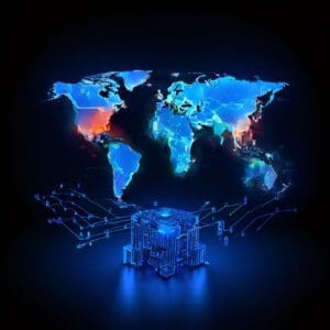 Futuristička karta svijeta s tehnologijom i brzim protokom podataka na tamnoj pozadini.